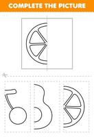 Educação jogos para crianças cortar e completo a cenário do fofa desenho animado laranja fatia metade esboço para coloração imprimível fruta planilha vetor