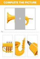 Educação jogos para crianças cortar e completo a corrigir cenário do fofa desenho animado trompete imprimível música instrumento planilha vetor
