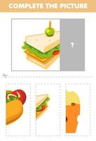 Educação jogos para crianças cortar e completo a corrigir cenário do fofa desenho animado sanduíche imprimível Comida planilha vetor