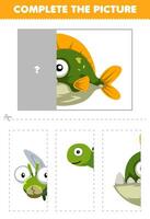 Educação jogos para crianças cortar e completo a corrigir cenário do fofa desenho animado piranha peixe imprimível embaixo da agua planilha vetor