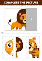 Educação jogos para crianças cortar e completo a corrigir cenário do fofa desenho animado leão imprimível animal planilha vetor