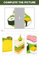 Educação jogos para crianças cortar e completo a corrigir cenário do fofa desenho animado Sushi imprimível japonês Comida planilha vetor