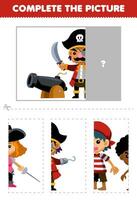 Educação jogos para crianças cortar e completo a corrigir cenário do fofa desenho animado capitão e canhão imprimível pirata planilha vetor