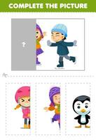 Educação jogos para crianças cortar e completo a corrigir cenário do fofa desenho animado Garoto e menina jogando gelo patinação imprimível inverno planilha vetor