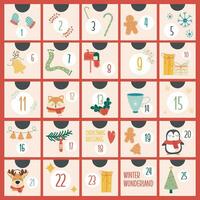 mão desenhar Natal advento calendário com animal personagens vetor