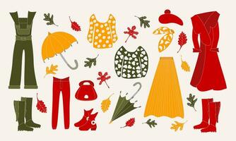 vetor ilustração conjunto do mulheres outono roupas e acessórios com folhas para adesivos, rede projeto, jogos e de outros