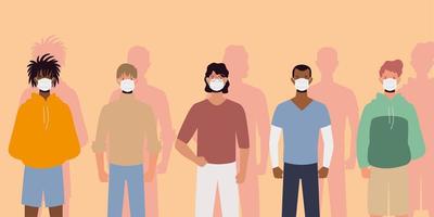 grupo de pessoas usando máscaras cirúrgicas e juntas, prevenção e segurança vetor