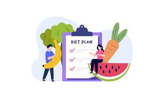 dieta plano lista de controle ilustração. pessoas fazendo exercício, Treinamento e planejamento dieta com fruta e vegetal. vetor