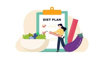 dieta plano lista de controle ilustração. pessoas fazendo exercício, Treinamento e planejamento dieta com fruta e vegetal. vetor