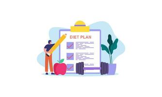 dieta plano lista de controle ilustração. pessoas fazendo exercício, Treinamento e planejamento dieta com fruta e vegetal. vetor