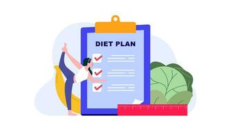 dieta plano lista de controle ilustração. pessoas fazendo exercício, Treinamento e planejamento dieta com fruta e vegetal. vetor