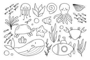 conjunto do mar animais dentro rabisco estilo. vetor ilustração. coleção do marinho habitantes. linear caranguejo, polvo, medusa, baleia, peixe.