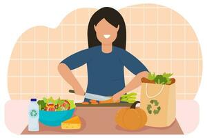 uma mulher dentro a cozinha cozinheiros a partir de orgânico produtos. reciclando. legumes. natural produtos. vetor