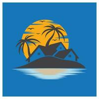 minimalista ícone pôr do sol de praia casa logotipo vetor