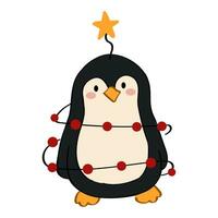 fofa desenho animado pinguim embrulhado dentro Natal festão. vetor