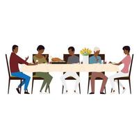 família comemorando o dia de ação de graças, pessoas sentadas à mesa jantando vetor