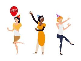 grupo de mulheres com chapéus de festa em balão celebrando e dançando vetor