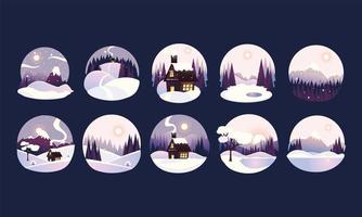molduras de círculo de paisagem de inverno com pinheiros e neve, floresta e casas de campo vetor
