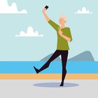 homem loiro tirando selfie na praia vetor
