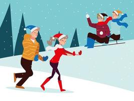 Natal pessoas temporada inverno celebração, andar de trenó e andar na neve vetor