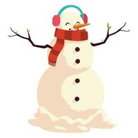 boneco de neve com protetores de ouvido e cachecol de desenho animado de Natal em fundo branco vetor