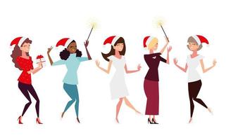 Natal pessoas, grupo de mulheres com presente de chapéu de Papai Noel e fogos de artifício comemorando vetor