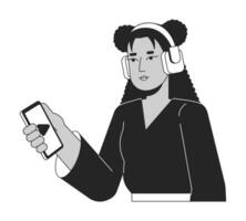 feliz mulher dentro fones de ouvido plano linha Preto branco vetor personagem. editável esboço metade corpo pessoa. menina segurando Smartphone simples desenho animado isolado local ilustração para rede gráfico Projeto