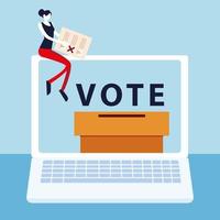 dia da eleição, mulher com cédula sentada no laptop, votação online vetor