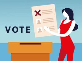 dia da eleição, mulher com cédula de voto e caixa vetor