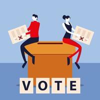 dia da eleição, homem e mulher com cédulas sentados na votação em caixa vetor