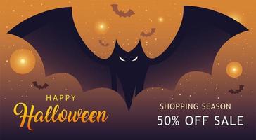 feliz temporada de compras de halloween com desenho vetorial de desenho de morcego vetor