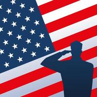 feliz dia dos veteranos, soldado saudando na bandeira americana vetor