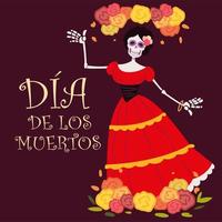 dia dos mortos, catrina com vestido vermelho e decoração de flores, festa mexicana vetor