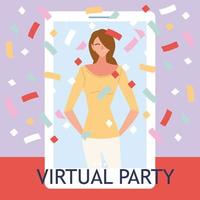 festa virtual com desenho de mulher e confetes em design de vetor de smartphone