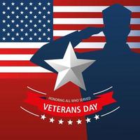 feliz dia dos veteranos, estrela do personagem militar e bandeira americana vetor