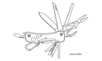 linha arte bolso faca, exército faca, esboço ícone, silhueta do multi-ferramentas instrumento bolso faca ícone, vetor ilustração, isolado em branco fundo.