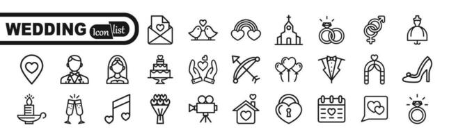 casamento - conjunto de ícones de web de linha fina. coleção de ícones de contorno. ilustração vetorial simples. vetor