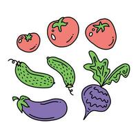 cor legumes rabisco desenho animado desenhando coleção. vegetal tal Como pepino, beringela, tomate, beterraba. mão desenhado vetor rabisco ilustrações