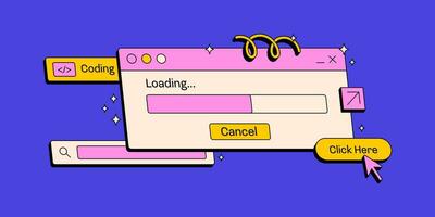 Carregando e procurar janela. do utilizador interface dentro retro neobrutalismo estilo. elementos para ui ux Projeto. ingênuo brincalhão formas. vetor ilustrações.