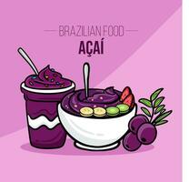 Açaí copo e tigela com frutas brasileiro Comida vetor