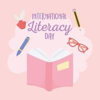dia internacional da alfabetização, livro didático, óculos, caneta, lápis e tinta vetor