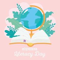 dia internacional da alfabetização, mapa do globo escolar e livro vetor