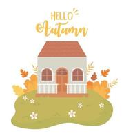 olá, cena da natureza do outono, folhas da casa, arbusto, flores, grama, desenho animado, paisagem vetor