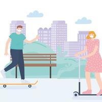 pessoas com máscara facial médica, casal andando de patinete e patinando no parque da rua, atividade na cidade durante o coronavírus vetor