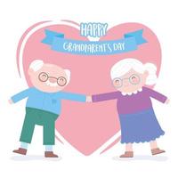 feliz dia dos avós, casal de idosos de mãos dadas em um cartão de desenho de amor de coração vetor