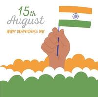 feliz dia da independência na Índia, mão com a bandeira na cor do design do festival nacional vetor