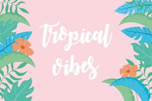 folhas de palmeira com vibrações tropicais cartão de flores de hibisco com inscrição vetor
