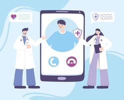 médico online, médico feminino e masculino falando sobre smartphone com paciente, aconselhamento médico ou serviço de consulta vetor