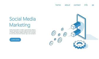 aterrissagem página modelo social meios de comunicação marketing conceito ilustração. isométrico vetor. vetor