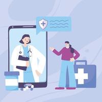 telemedicina, smartphone médico online com suporte médico de nomeação de personagem vetor